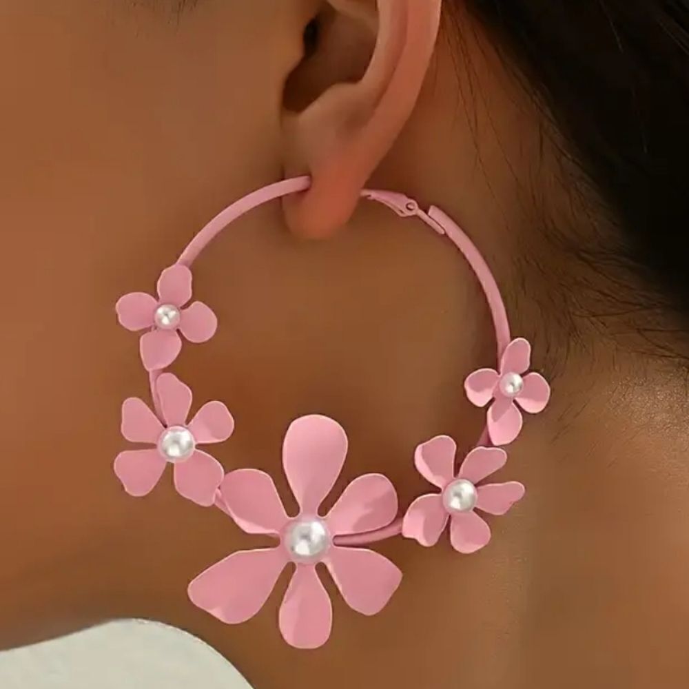 Pink flower pearl hoop earrings